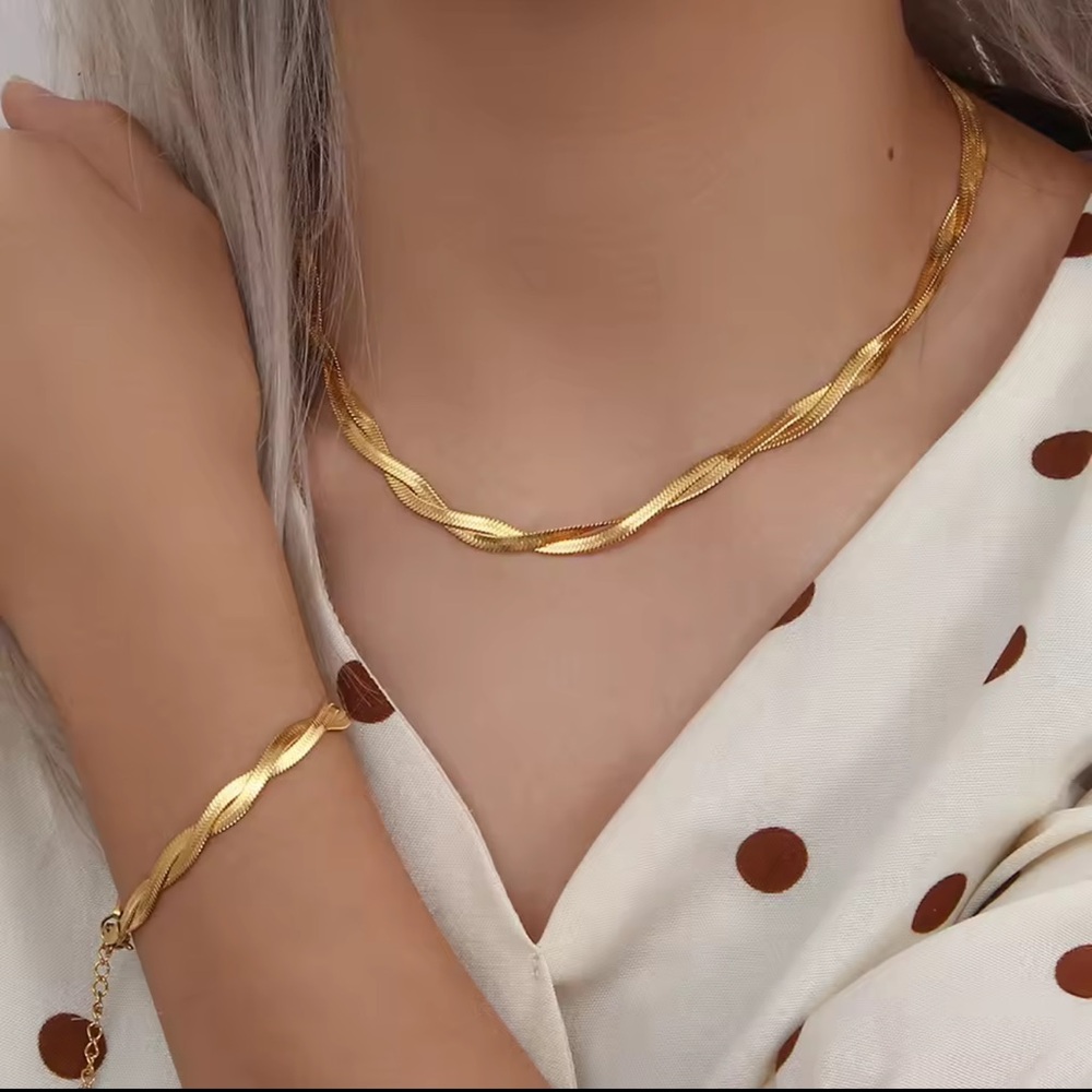 Braided New Herringbone Necklace Bracelet
 Gold 18K plated Set Stainless Steel - Picture 6 of 15